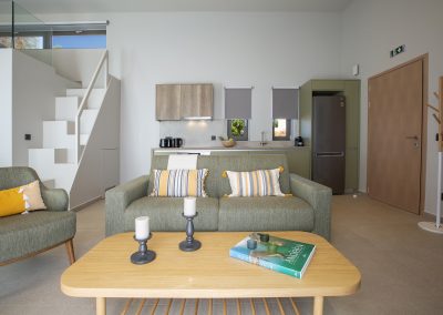 Luxury villa staircase and hallway with architectural lighting in Lefkada