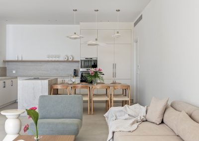 Open plan kitchen and living area at Villa Mia Rose in Amousa Lefkada with modern design and sea views