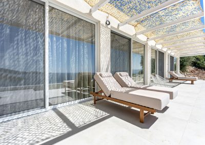 Outdoor terrace at Villa Mia Rose in Amousa Lefkada with lounging space and panoramic Ionian Sea views