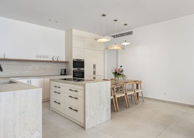 Spacious open kitchen and lounge at Villa Mia Rose Lefkada with indoor dining and panoramic sea views