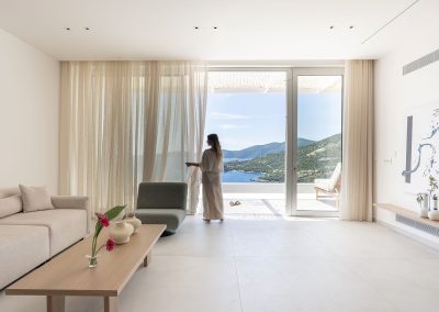 Villa Mia Rose living area in Amousa designed for relaxation with bright interiors and sea facing comfort