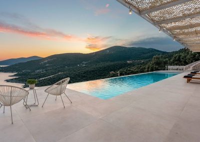 Villa Mia Rose exterior with spacious pool terrace and breathtaking views over the Ionian coastline